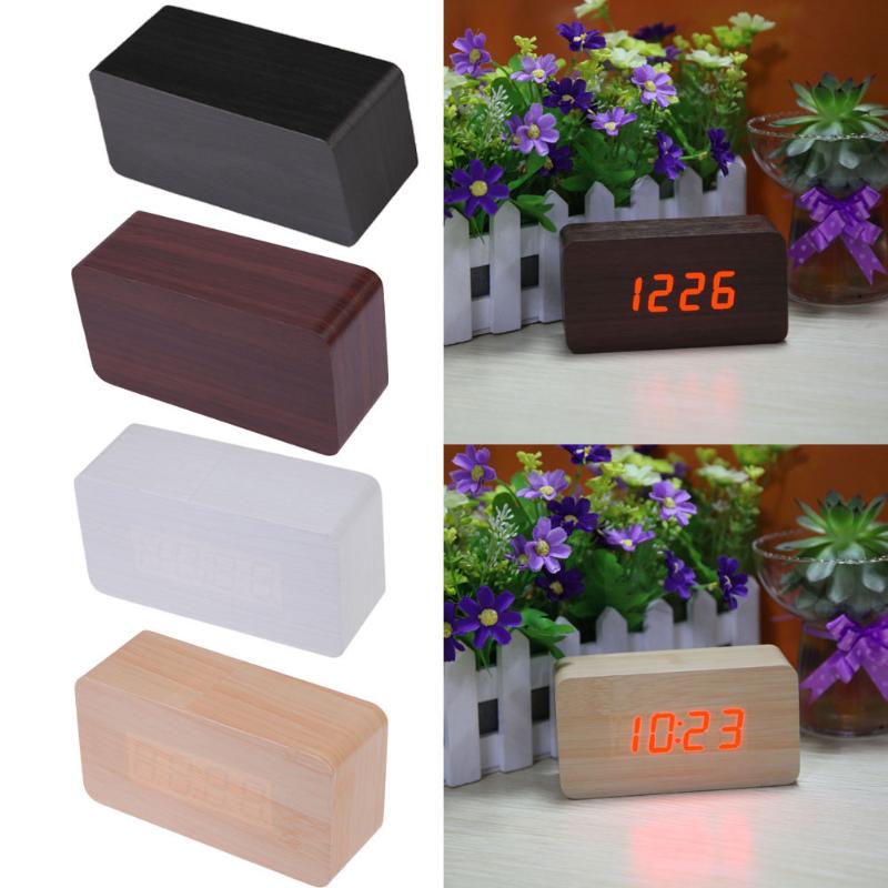 Diseño creativo LED Reloj Despertador Digital Calendario Termómetro Moderno Reloj de Madera Hogar Dormitorio Artículos Decorativos Envío Gratis